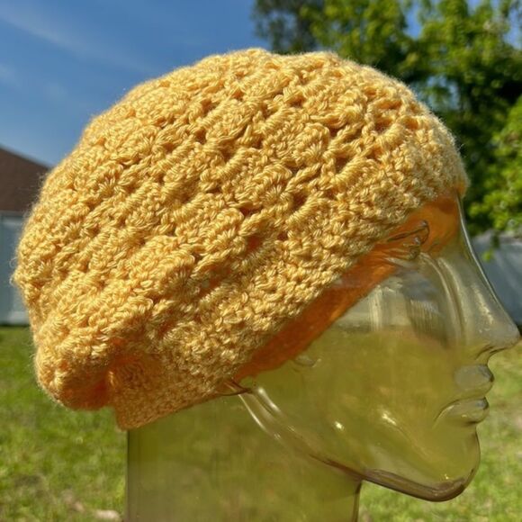 Slouchy Beanie cap hat yellow gold knitted boho cap  handmade - Picture 1 of 6